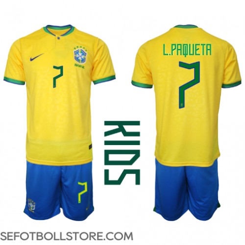 Brasilien Lucas Paqueta #7 Replika babykläder Hemmaställ Barn VM 2022 Kortärmad (+ korta byxor)